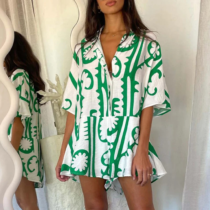 

Women Fashion Turndown Collar Shirt Jumpsuit Casual Short Sleeve Party Playsuit Elegant Single-breasted Print Loose Short Romper