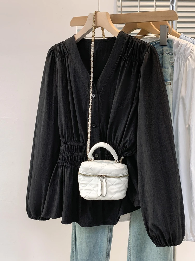 

Ladies Chic Elegant Solid Versatile Blouse 2025 V-neck Long Sleeved Plus Size Shirt Loose Pleated Ruffle Oversized Tops