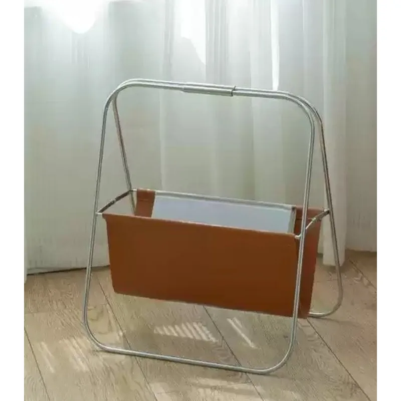 Vintage Light Luxury Leather Magazine Shelf - Stainless Steel Foldable Bookcase, Mid-Century Design, Living Room Storage
