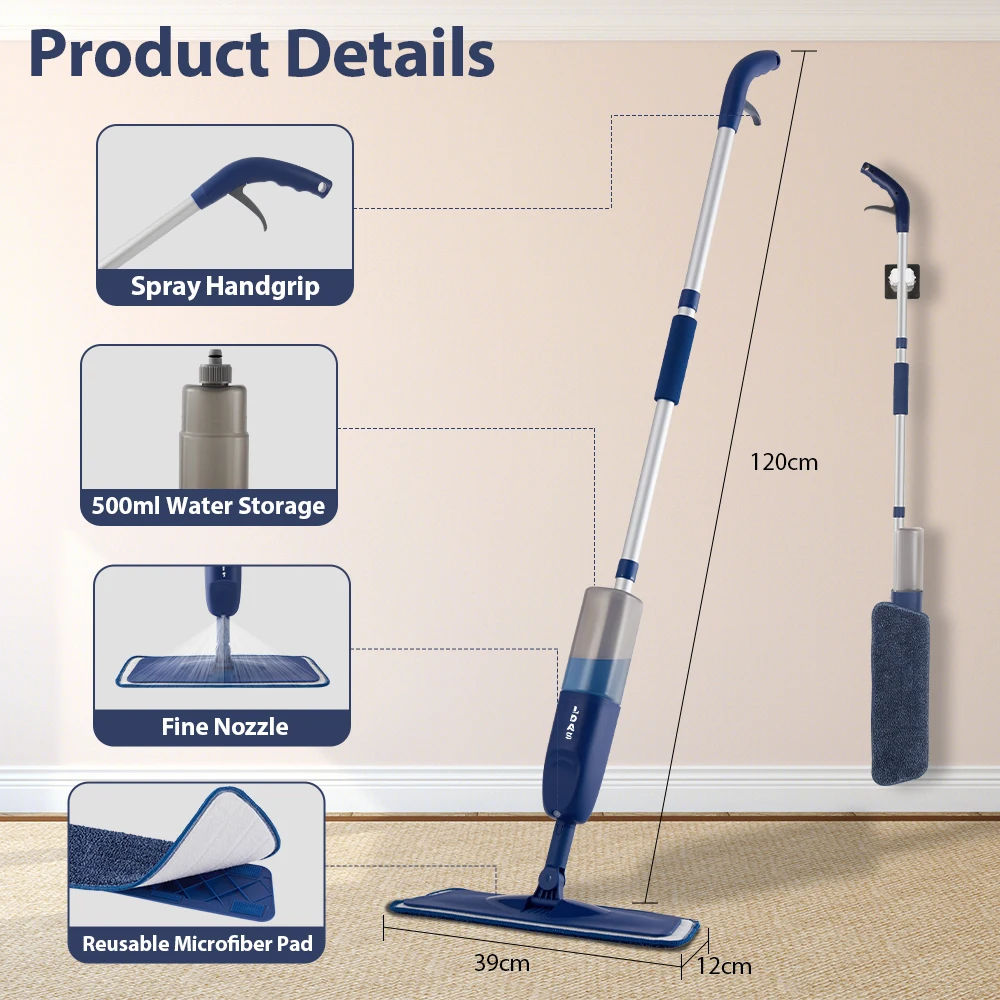 DARIS Spray Mop, 500ml Bottle, 3 Microfiber Mop Pads, Scraper, Mop Clip, Wet and Dry Use, Flat Floor Cleaning Mop