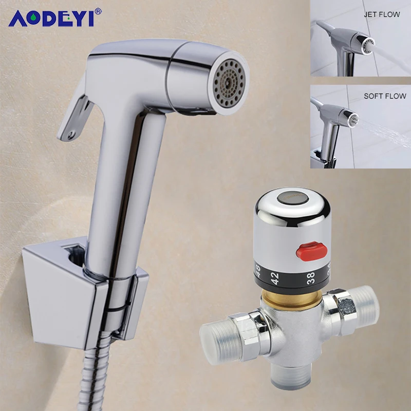 Thermostatic Bidet Mixer Valve Hand Held Spray Shower Set Shattaf Two Functions Bidet Sprayer Bathroom Bidets Jet Tap Douche Kit