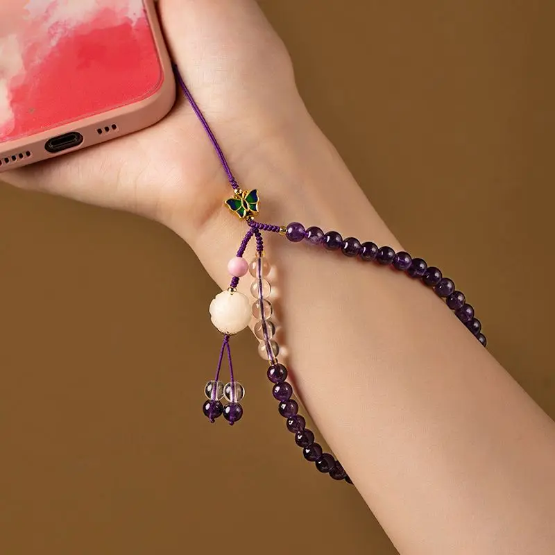 Natural Amethyst Phone Chain Hanging Rope Pendant Wrist Style Women's Handmade Art Lucky Stone Amethyst Ancient Style Pendant