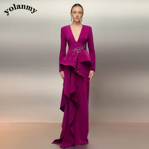YOLANMY Fashionable V Neck Mother of the Bride Dress Ruffles Formal Evening Groom Mother Dress Robe De Soiree Femme Customized