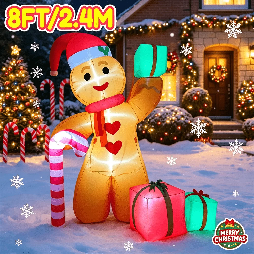 8FT Inflatable Christmas Gingerbread Man Light Up Blow Up Christmas Yard Decoration Giant Holiday Decor for Outdoor Indoor Porch