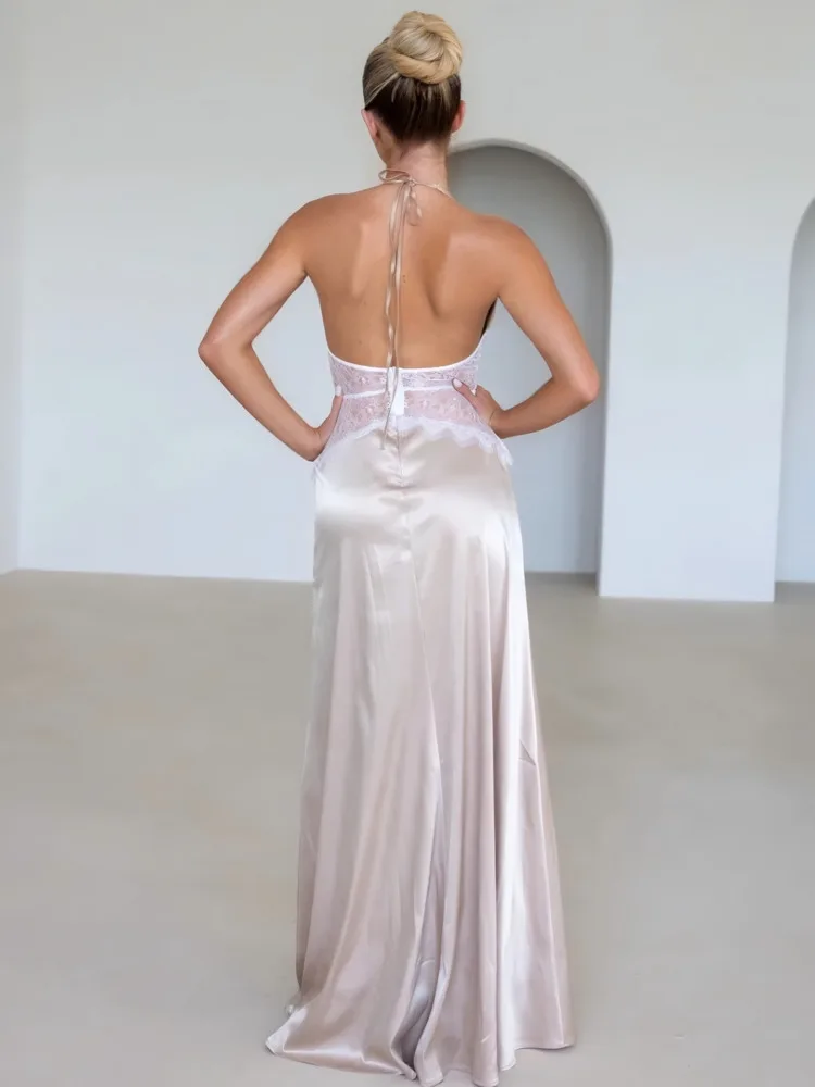 Arctic Cat Elegantแขวนคอซาตินลูกไม้Patchworkชุดผู้หญิงเซ็กซี่ลึกV Backless Bodycon Partyชุดราตรี 2025 ฤดูร้อน