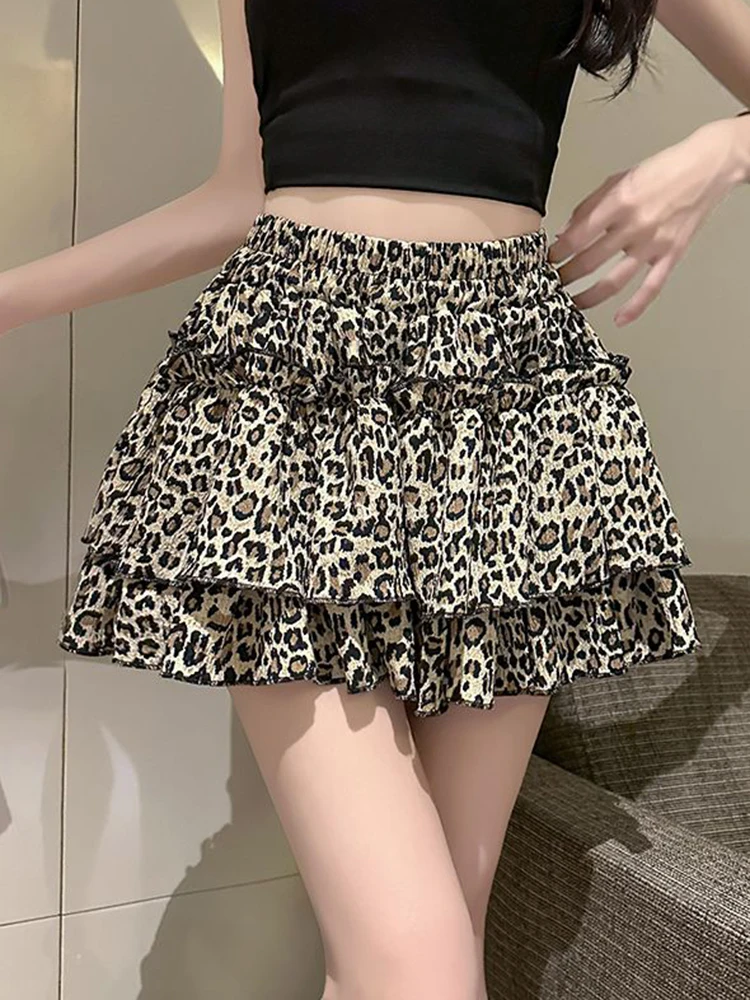 Sexy Leopard Mini Skirt Women Vintage American High Waist Streetwear Skirts Summer Retro Harajuku Casual Loose A Line Skirt New