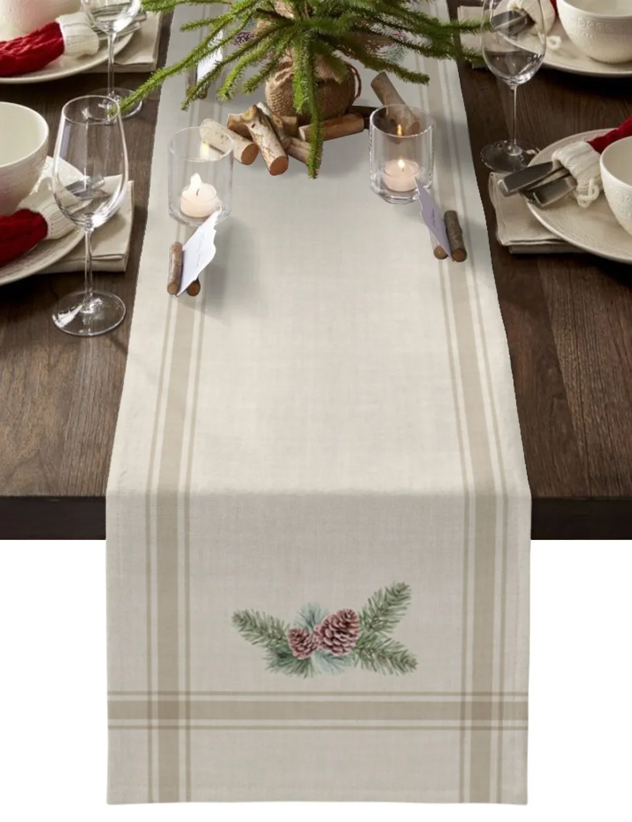 

Christmas Pine Cones Branches Rustic French Stripes Table Runner Coffee Table Shoe Cabinet Cover Table Runner Wedding Tablecloth