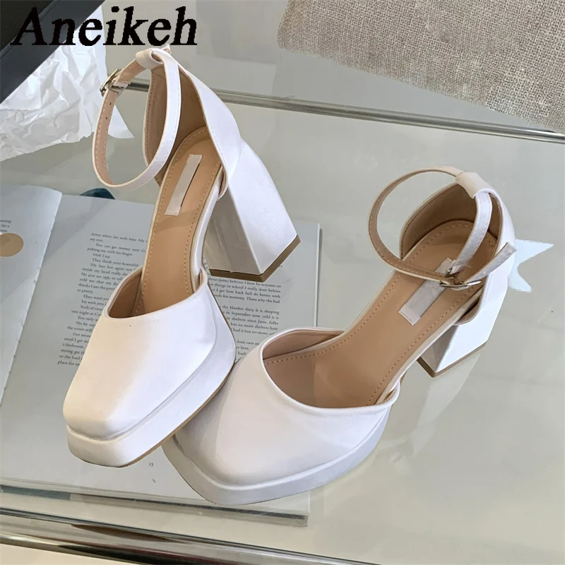 Aneikeh2024 Elegant Sexy Silk Mary Janes High Heels Women Platform Square Head Thick Heel Buckle Strap Single Shoe Wedding Dress