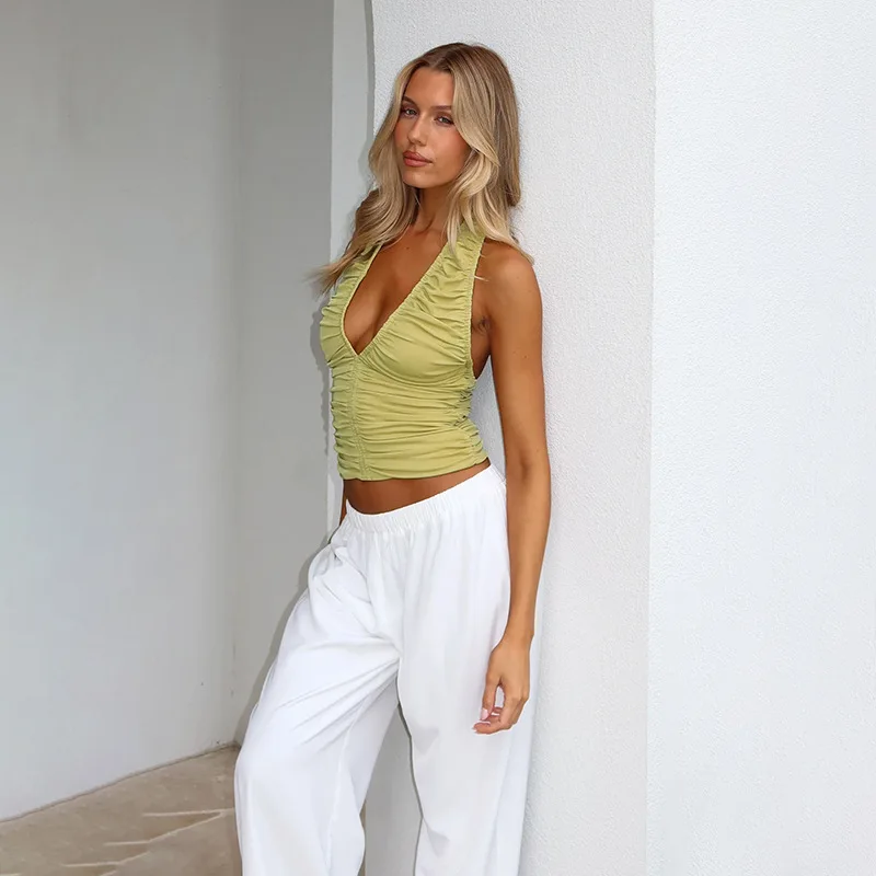 Lady Ins Chic Halter Open Back Tops Shirts Women Summer Ruched V Neck Trendy Crop Tops Camis Tanks Green Fashion Low Cutout Tops