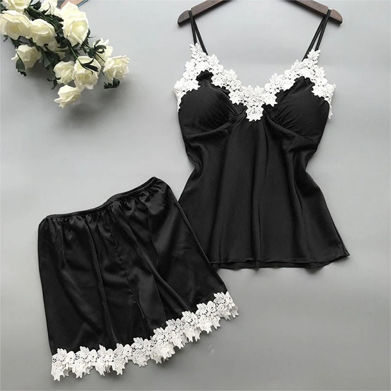 Fashion Sexy Lace Suspenders Loose High Waist Shorts Pajamas Two Piece Set For Women