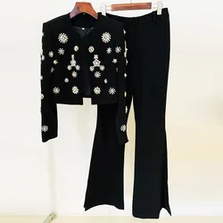 sets for women 2 piece luxury embroideried flares diamond crew neck long sleeve short blazer jacket split bell long trouser pant