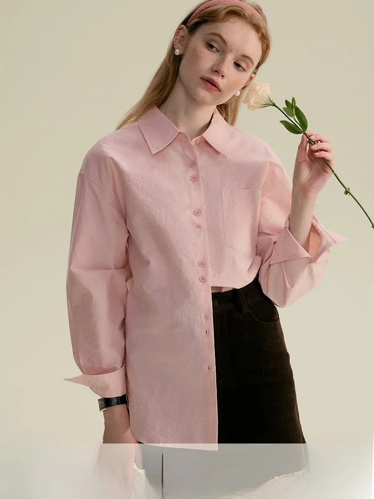 

Rina Berry Simple Lazy Design Sense Versatile Low Saturation Early Spring High Texture irt Cotton Nylon Blend Long Sve P...