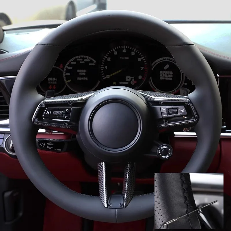 

Black Genuine Leather Car Steering Wheel Cover For Porsche 911 991 718 Boxster Cayman Spyder 982 918 Spyder Macan 2014-2024