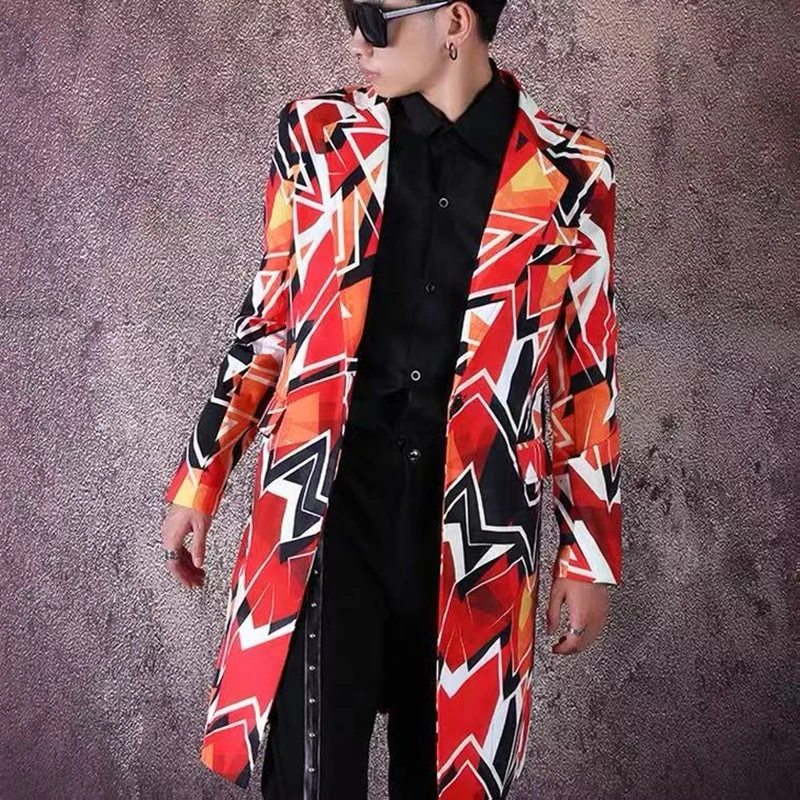 هندسية اللون طباعة الرجال عارضة بدلة طويلة سترة ملهى ليلي بار المغني العصرية مصفف شعر معطف الهيب هوب الرقص مرحلة الملابس #1