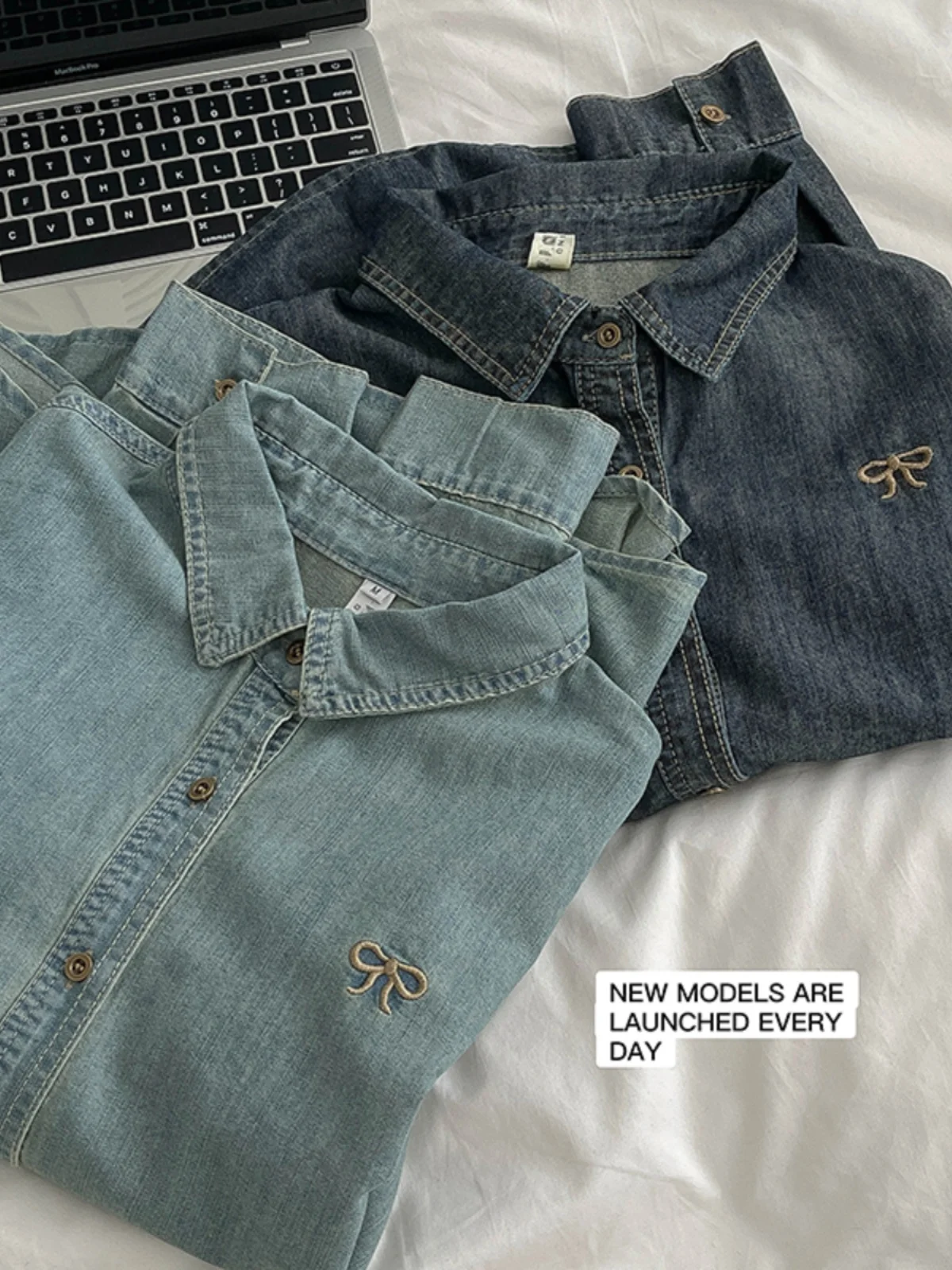 Vintage Bow Embroidery Denim Shirts Women Spring Autumn Turn-down Collar Full Sleeve Tops Korean Style Loose Jeans Blouse Female