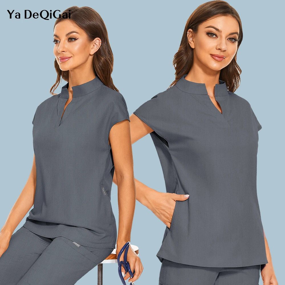 Fashion Stand Collar Scrubs Tops For Women Medical Uniforms Top Short Sleeve Blouse Soft Slim Nurse Shirts Lab Workwear Surgery