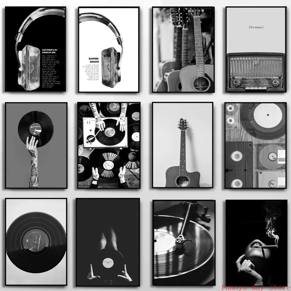 Pintura en lienzo Vintage, póster de disco de vinilo de música en blanco y negro, arte de pared, foto, auriculares, impresiones de letras, estudio de música, decoración del hogar