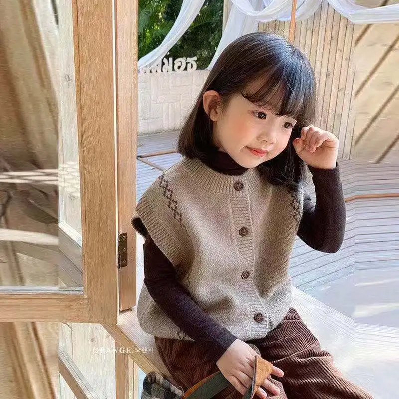 

Children Knitted Vest Spring Autumn New Style Girls Boys Kid Clothing Korean Edition Outerwear Retro Knitted Tank Top Cardigan