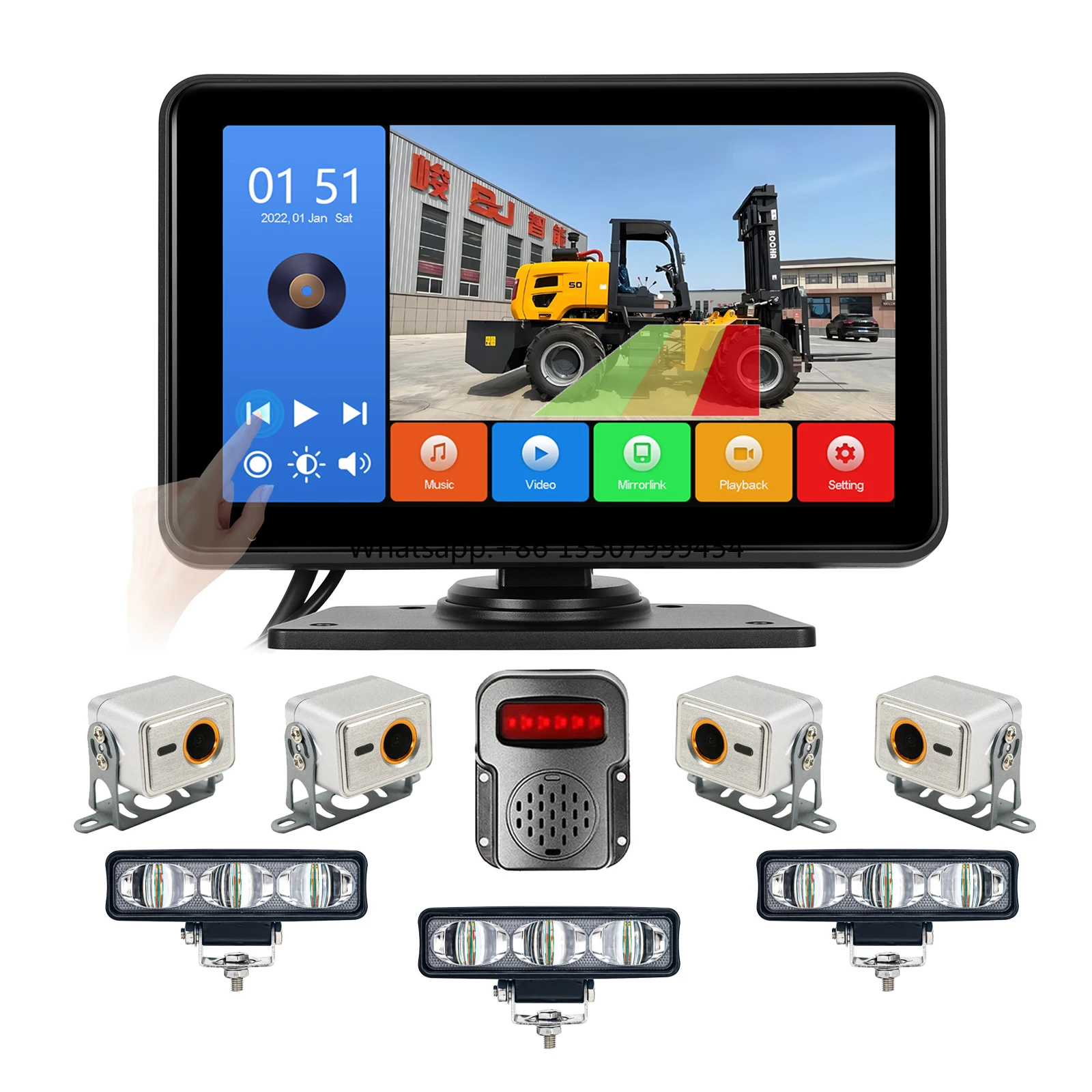 

7 Inch Touch Screen PWAS 4ch BSD Ai Detection Monitor 4 AHD 1080P Rear View Cameras 3 LED Light Warning Alarm Kit for Forklift