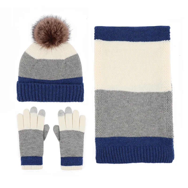 Hat Scarf And Glove Set For Women Winter Warm Soft Knitted Pompom Beanie Female Casual Solid Cashmere Scarf Suit Outdoor Skullis