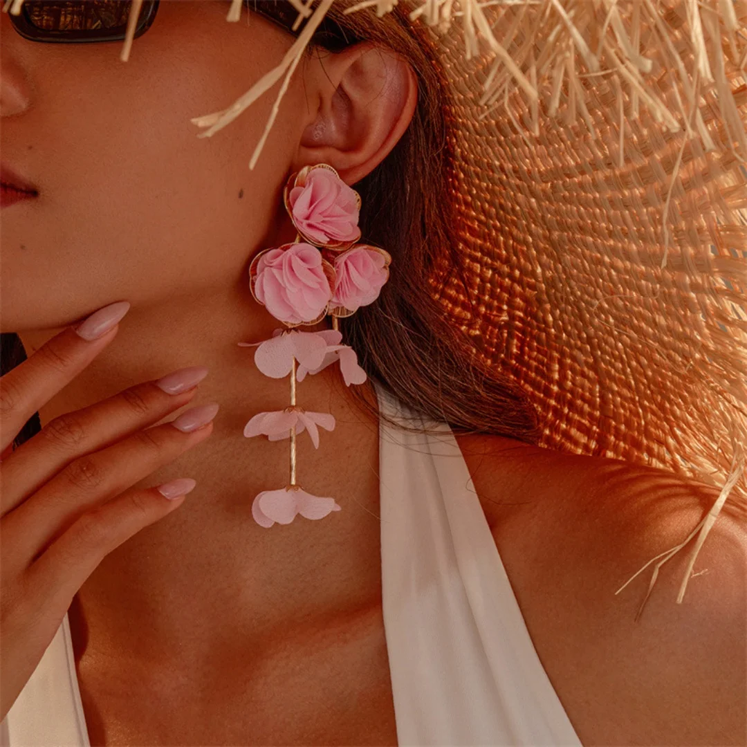 

DUTRIEUX Flower Long Tassel Pendant Earrings Boho Beach Vacation Earring for Women Elegant Petals Trendy Romantic Jewelry Gifts