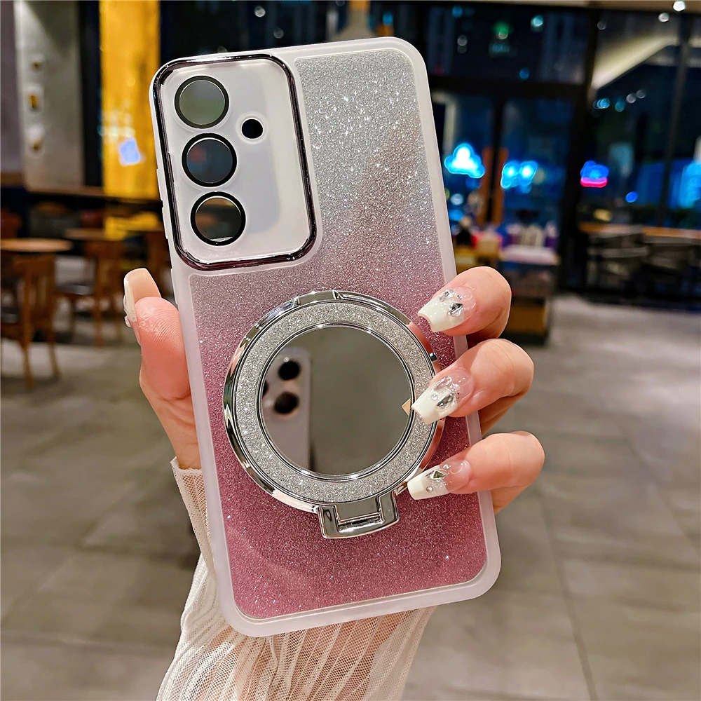 Make Up Mirror For Magnetic Stand Glitter Phone Case For Samsung A73 A53 A52 A54 A55 A72 A32 A22 A34 A12 A13 A15 Silicone Cover