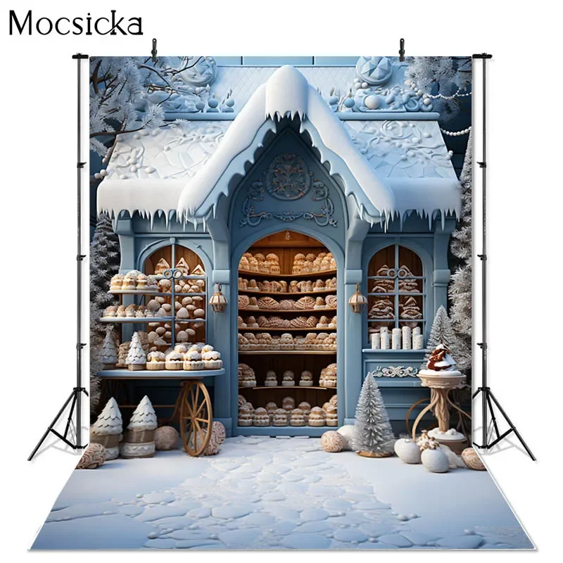 Mocsicka Winter Christmas Dessert Shop Background Frozen Forest Xmas Tree Decor Kids Portrait Snow Mop Studio Photography Props