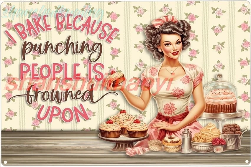 Funny Kitchen Signs, I Bake Because Punching People Is Frowned Upon, Metal Tin Sign for Home Decor, Vintage Kitchen Decor G sign