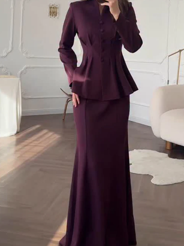 Casual High Waist Skirts Sets Elegant Vintage Solid Slim Commute Outfits Temperament V-neck Button Pleat Blazer&Half Skirts Sets