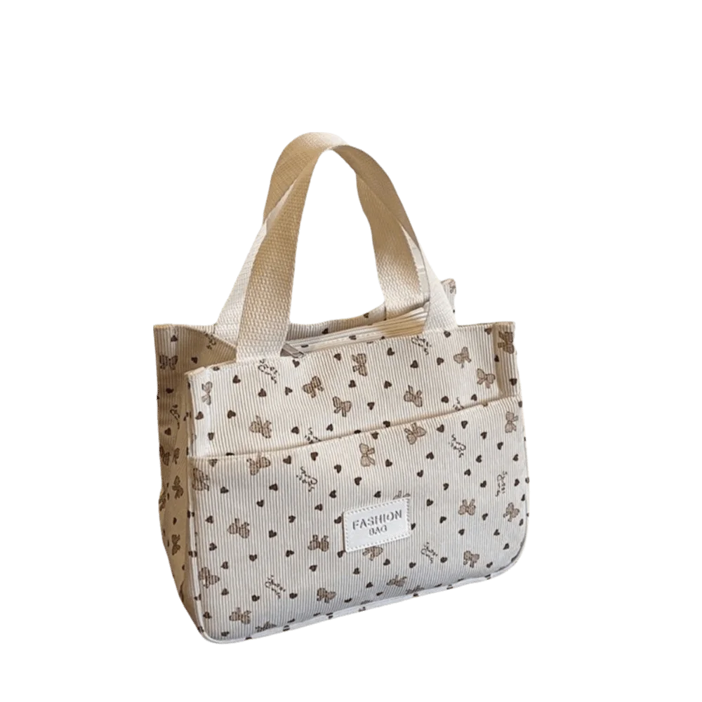 Vintage Bow Heart Printed Corduroy Handbag Multi-pocket Large Capacity Mommy Bag Top Handle Portable Lunch Bag Daily