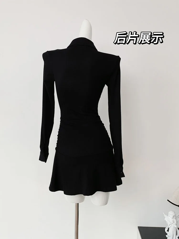 American Style Sports Style Polo Long Sleeve Slim Corset Dress Autumn Women New Black Design Sexy Pleated One-Piece Frocks Kpop