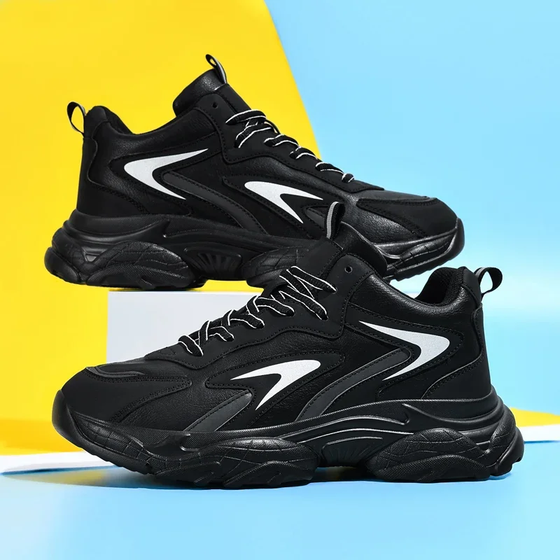 

Mens Sports Shoes Outdoor Lace Up Breathable Thick Soled Running Shoes Black Training Cushioned Tennis Shoes for Man