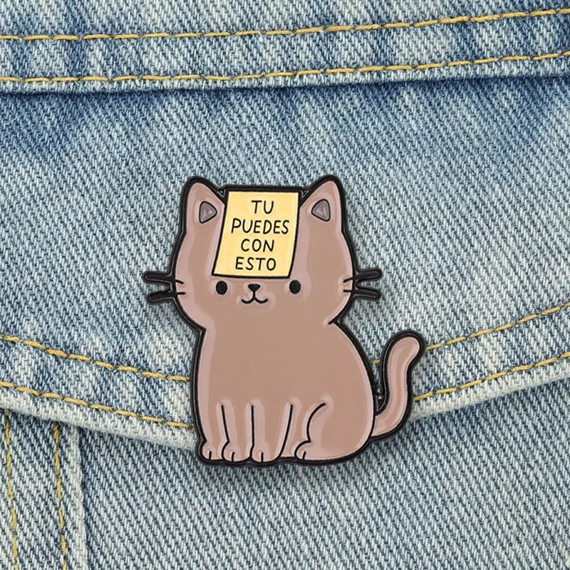Tu Puedes Con Esto Enamel Pins Cartoon Kitten Brooches Lapel Badge Spanish Encouraging Cat Jewelry Accessory Gifts For Friends