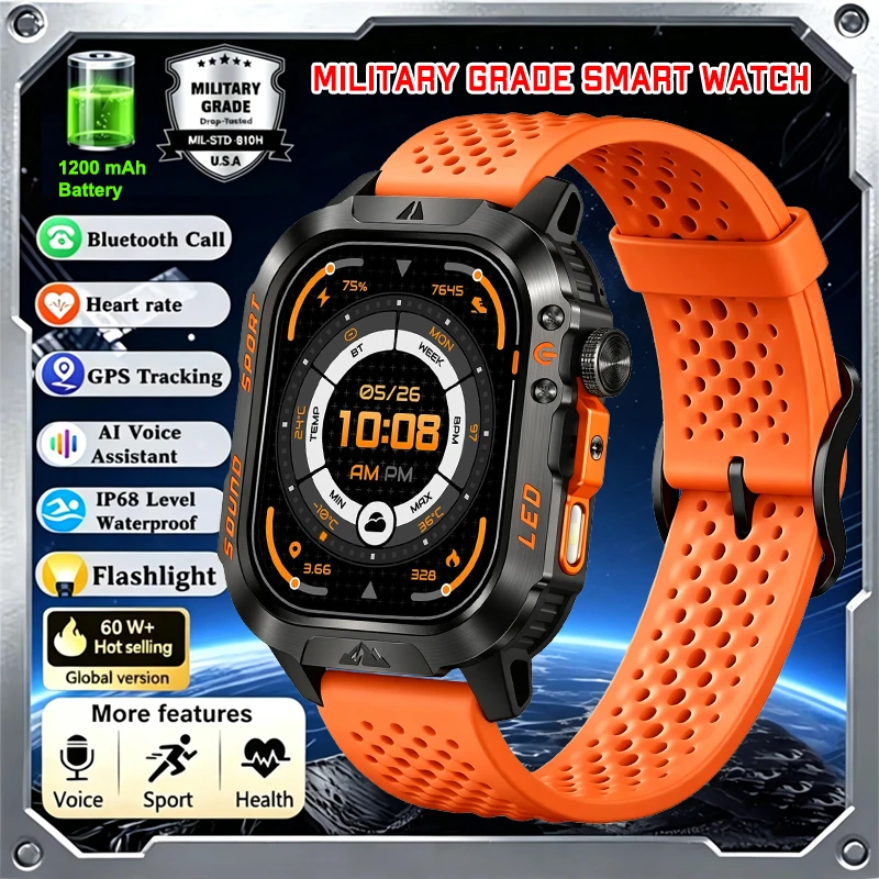 2026New 1200mAh Battery Military Smart Watch Men 5ATM Waterproof Fitness Tracker Health Monitor Outdoor Sports Call Smartwatches