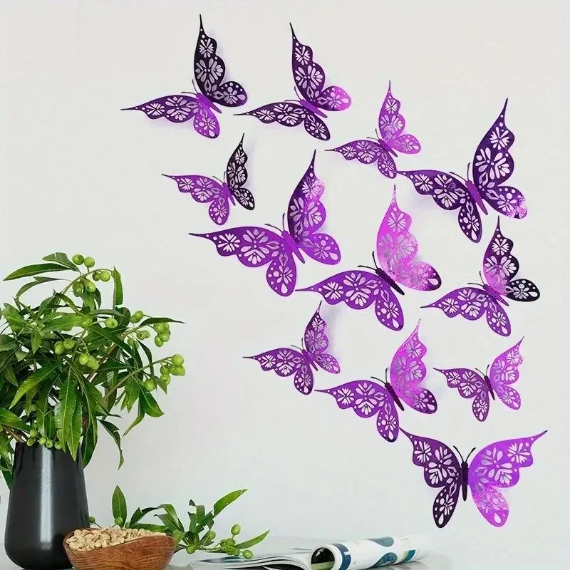 1/2/3/4/5/6Set 3D Wall Stickers Hollow Purple Butterfly DIY Art Home Decor Party Wedding Decals