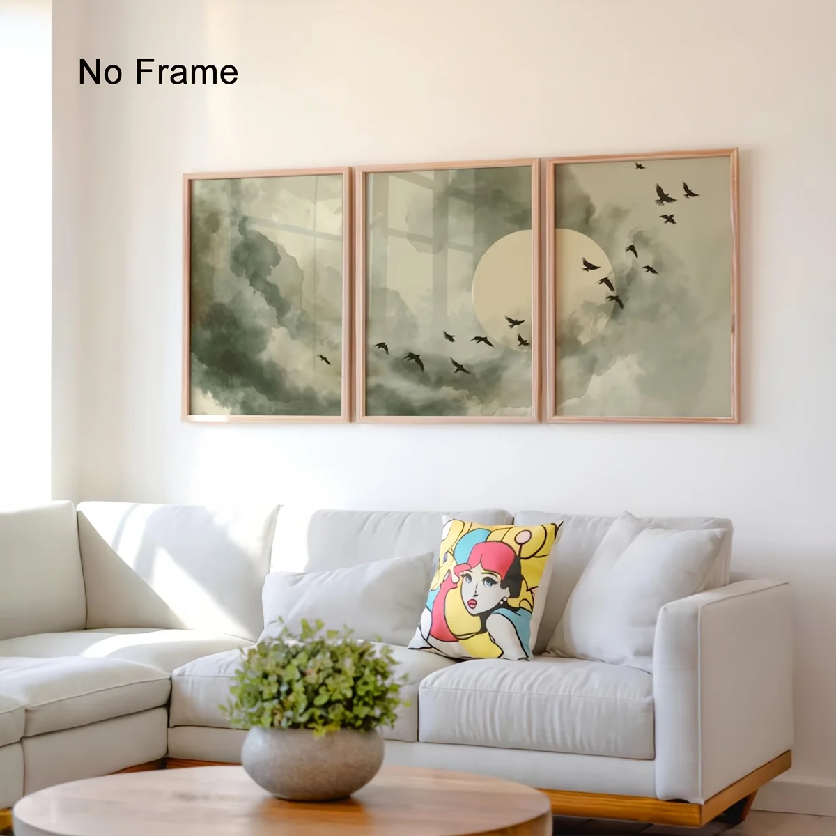 3PCS Frameless,3PCS Japandi Birds Poster Sage Green Minimalist Wall Art Landscape Painting Canvas Paintings For Room Decor Home