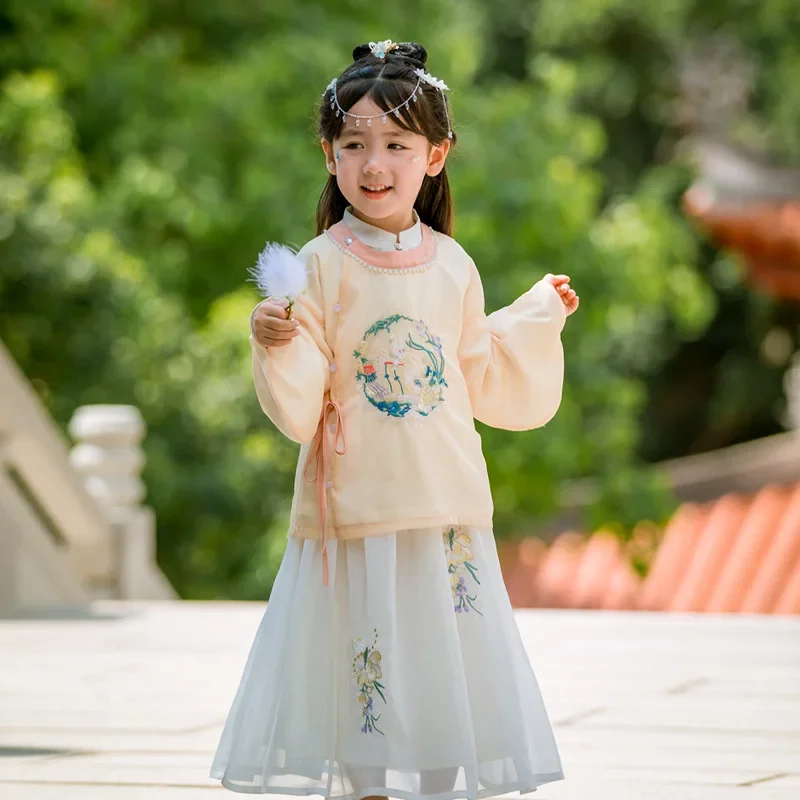 

Traditional Chinese Cute Stand Collar Embroidered Pearl Embellished Hanfu Dress Tops Skirt Young Children Girls Carnival Outfits