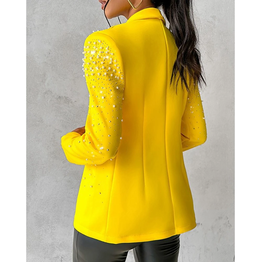 Autumn Women Beaded Nothched Collar Blazer Coat Fashion Femme Fall Long Sleeve Jacket Elegant Office Lady Work Wear Suits Outfit