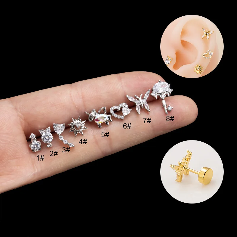 1PC 20G Stainless Steel Zircon Flat Back Stud Earrings for Women Girl Unicorn Butterfly Cartilage Earring Helix Piercing Jewelry