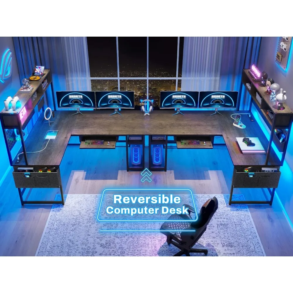 Mesa em forma de L, mesa de escritório de 94,5 polegadas com tomada elétrica e pegboard, mesa em forma de L com luz LED, bandeja para teclado, prateleiras de armazenamento