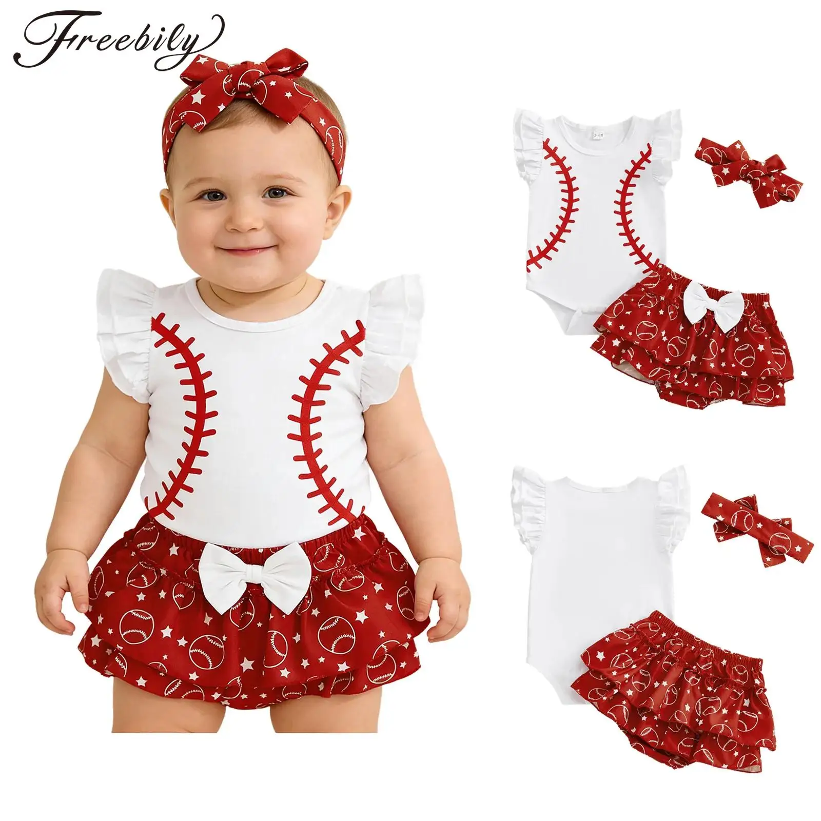 

Одежда для маленьких девочек, бейсбольный костюм, комбинезон с рюшами на рукавах и юбкой с бантом, повязка на голову, детская одежда для фотосессии на день рождения