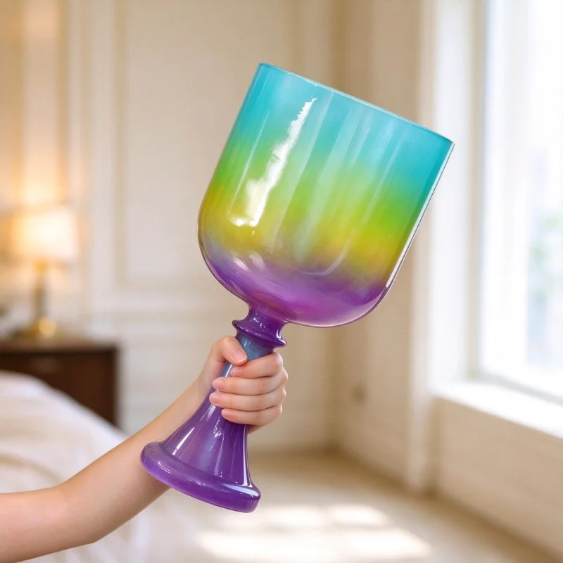 Rainbow Gradient Crystal Singing Chalice Grail Bowl High Purity Quartz Sound Bath Bowl Multicolor Free Hollow Felt Mallet Includ