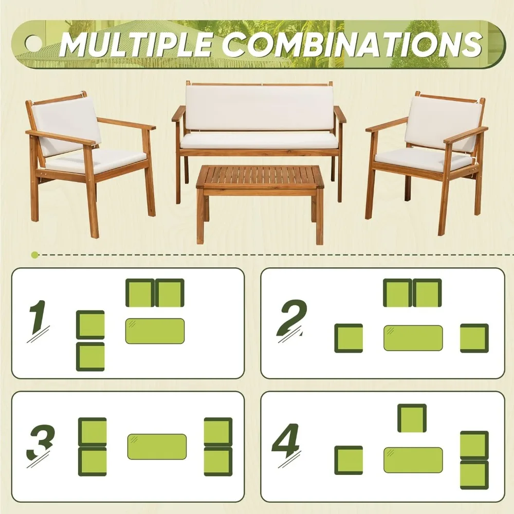 Patio Furniture 4 Piece Outdoor Acacia Wood Patio Conversation Sofa Set with Table & Cushions Porch Furniture for Deck, Balcony