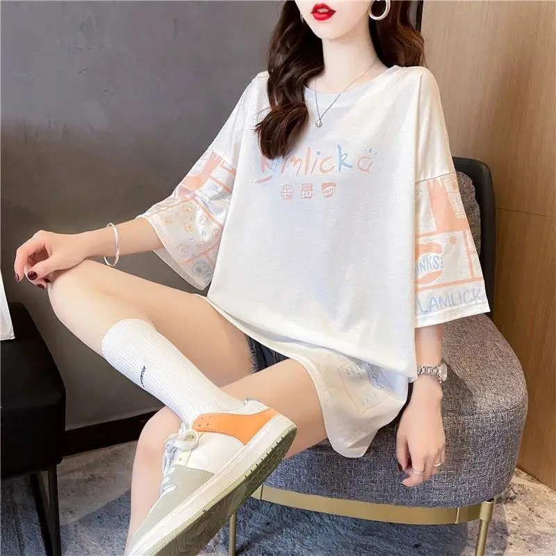 Female Casual Korean Printing O-neck Short Sleeve Top Tee 2024 New Summer Street Casual Patchwork Loose T-Shirts Women Clothes