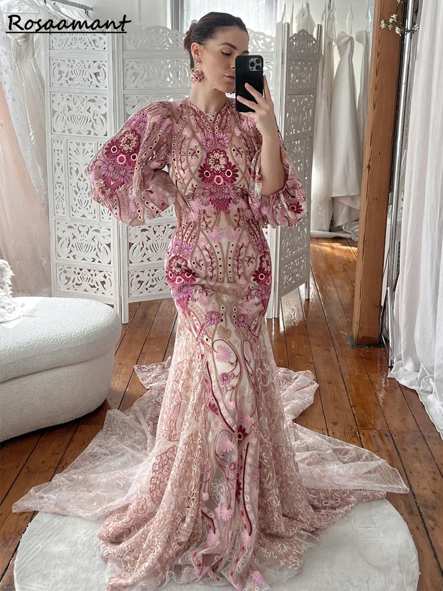 Colorful  Embroidery Wedding Dress  Long Sleeves  High Neck  Bloom Flower Bridal Gowns