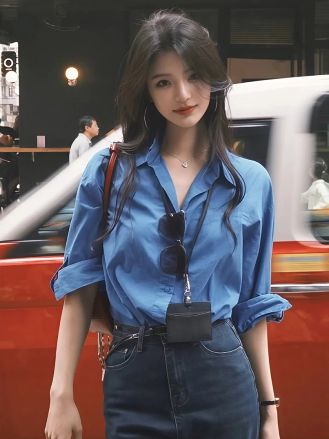 

Loose Fit Klein Blue Long Sleeve Women's Shirt Hong Kong Style Early Autumn Korean Loose Shirt Super Beautiful Top