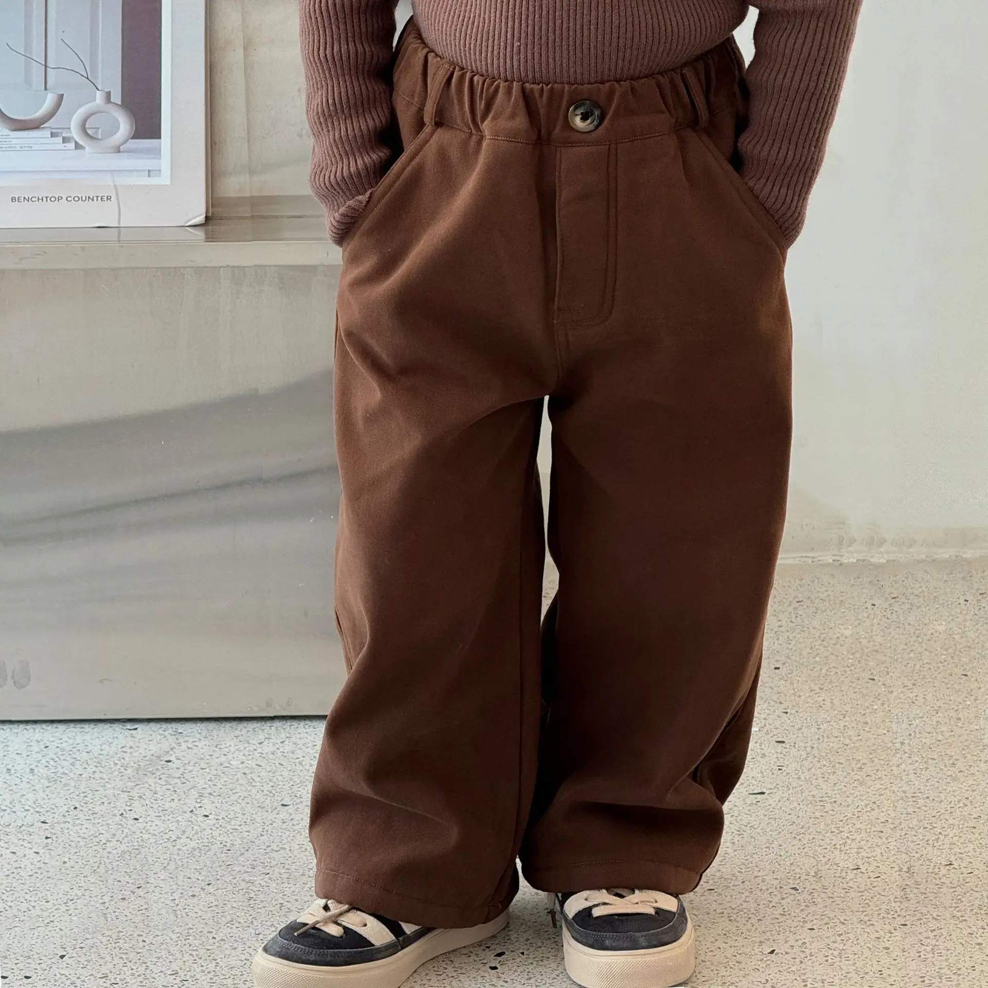 

Children Clothing Kids Warm Casual Pants New Winter Boys Brown Cashmere Casual Simple Solid Color Boys Cotton Pants