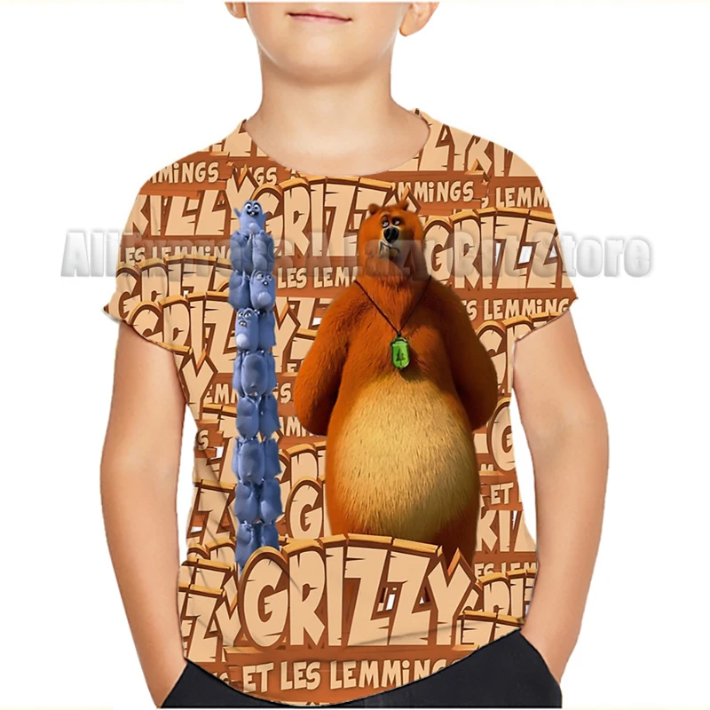 Grizzy and the Lemmings T-shirt Cartoon Boys Clothes Summer Thin Round Collar New Kids Tees Popular Design Children Tops