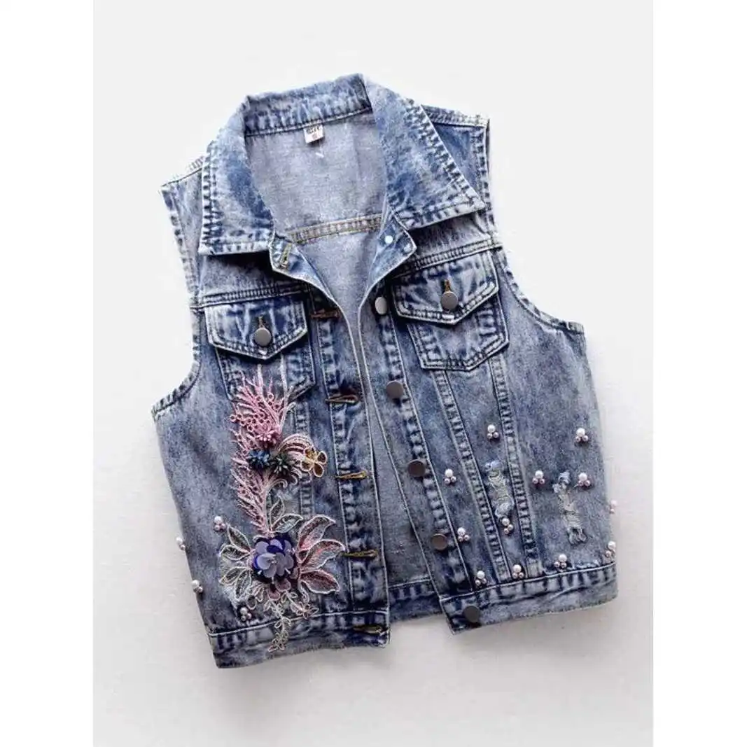 

Моющийся джинсовый жилет для женщин, весенне-осенний лоскутный жилет с цветочными пайетками, Cleanfit Sle ort, верхняя одежда для женщин среднего возраста