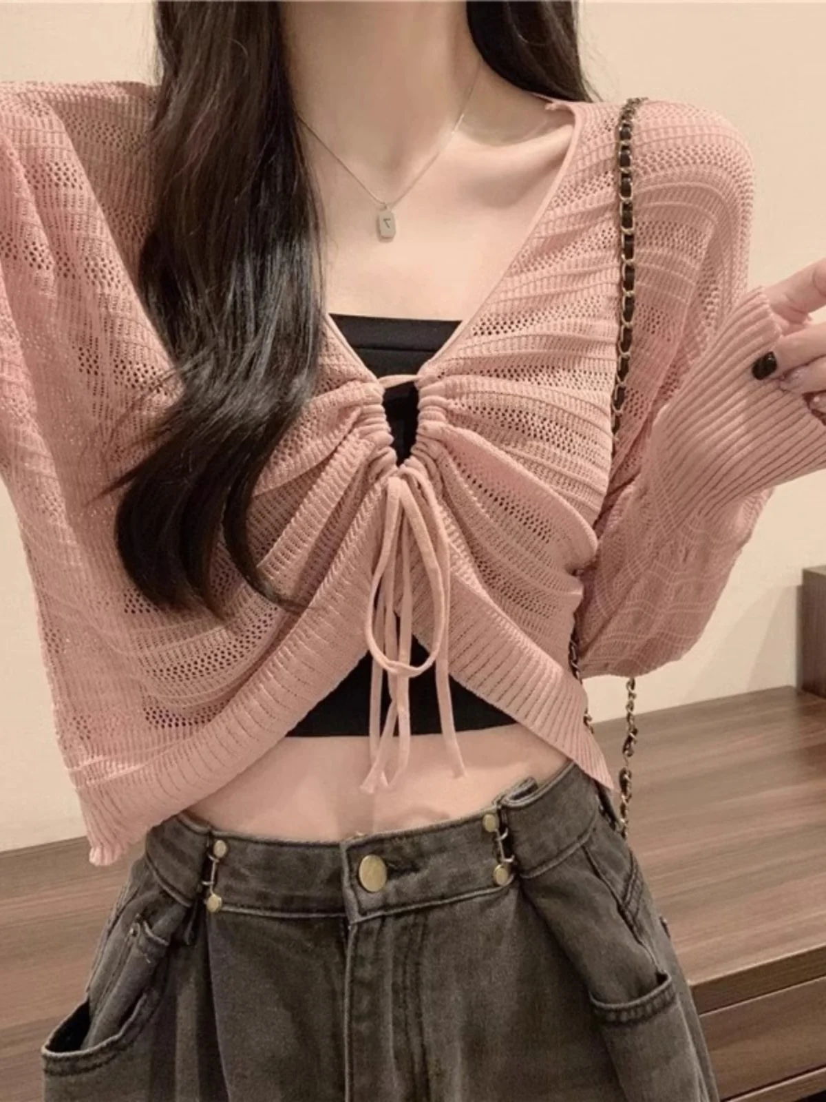 Women's Short Knitted Sun Protection Cardigan Hollow out Drawstring Breathable Summer High Waist  Tank Top Outerwear